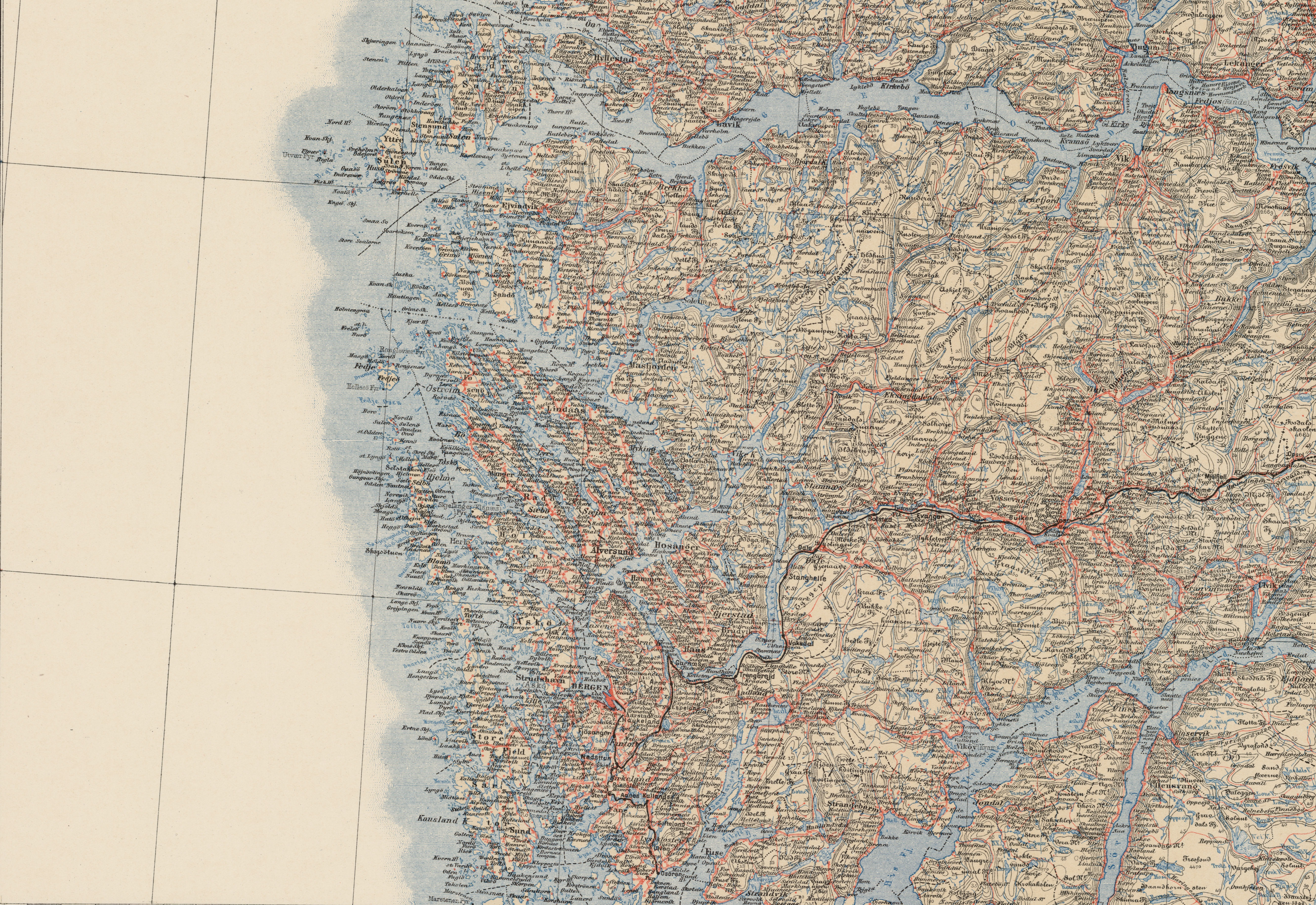 Utsnitt av kart over Hordaland og Sogn og Fjordane